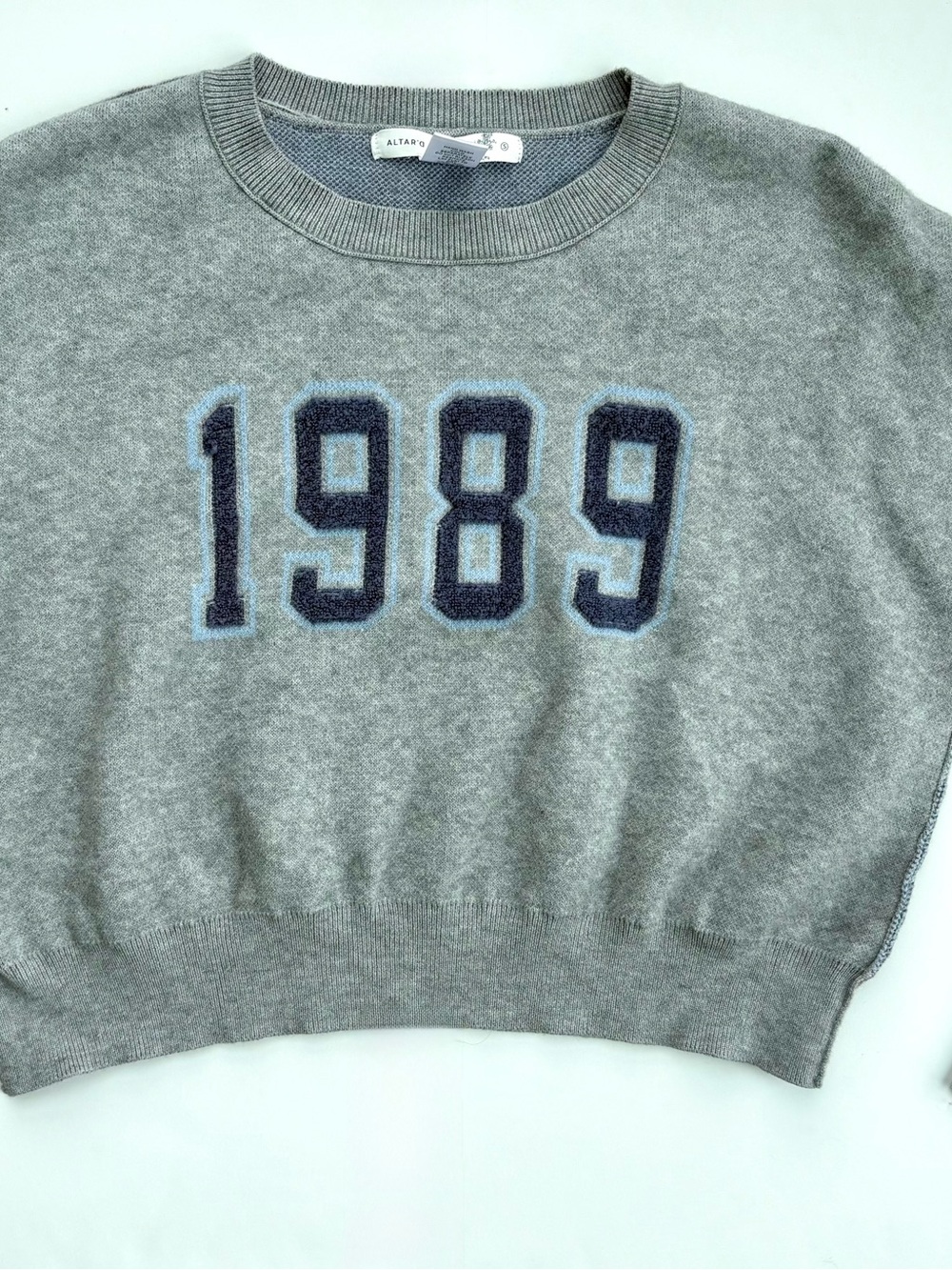 Altar’d State 1989 Cropped Sweater Gray Varsity Pullover Small Soft Cozy Preppy - Picture 2 of 10